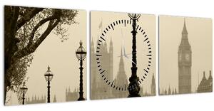 Obraz - Londýn v mlze, Anglie (s hodinami) (90x30 cm)