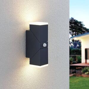 Lindby LED nástěnné svítidlo Sally, 22 cm, antracit, IP54, senzor, Černá, Hliník, Moderní, Nástěnné svítidlo / světlem dolů