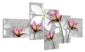 Abstraktní obraz květů na šedém pozadí (150x85cm)