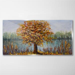 Obraz na skle Obraz na skle Jezero stromy podzimní listí