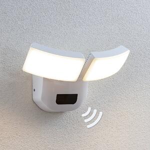 Lindby Venkovní nástěnné svítidlo LED Nikias, 30 cm, senzor, 2 světla, bílé, Bílá / opál, Hliník, Moderní