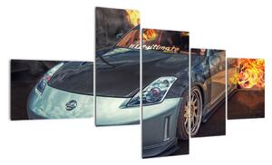 Obraz hořícího auta (150x85cm)
