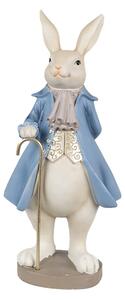 Modro-béžová velikonoční figurka zajíček s hůlkou ve fráčku – 12x9x26 cm