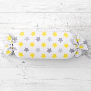 Biante Dětský polštář válec bonbon Sandra SA-203 Žluto-šedé hvězdy 15x40 cm