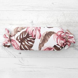 Biante Polštář válec bonbon Sandra SA-227 Hnědé a starorůžové tropické listy na bílém 15x40 cm
