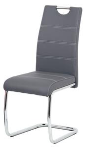 Jídelní židle, šedá ekokůže, bílé prošití, kov chrom