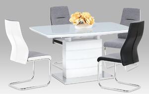 Rozkládací jídelní stůl 140+40x80x76 cm, bílý lesk, bílé sklo / broušený nerez