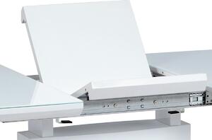 Rozkládací jídelní stůl 140+40x80x76 cm, bílý lesk, bílé sklo / broušený nerez