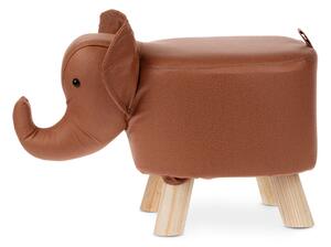 Taburetka - slon, potah skořicově hnědá látka v dekoru kůže, masivní nohy z kaučukovníku v přírodním odstínu
