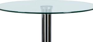 Barový stůl, kulatá deska z čirého skla pr. 60 cm, kovová chromovaná podnož