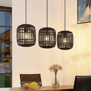 Lindby Závěsná lampa Canyana, černá, 3 světla, ratan, 105 cm, stmívatelný, Černá, Obývací pokoj / jídelna, Dřevo, Venkovský / rustikální