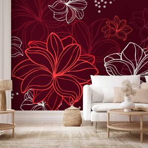 Fototapeta Grafické červeno-bílé květiny - motiv na fialovém pozadí s perletí