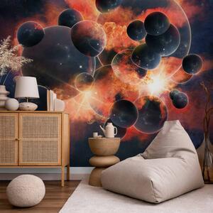 Fototapeta Abstrakce ve vesmíru - fantazie s planetami uprostřed ohnivých plamenů
