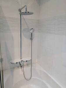 Vodovodní baterie vanová/sprchová s pevnou tyčí, hlavovou a ruční sprchou, police SKLO LACOBEL bílá MURRAY NEW MU253.5/4SB - RAV Slezák