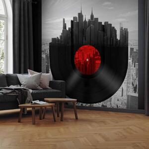 Fototapeta Hudba New Yorku - gramofonová deska na pozadí architektury v šedých odstínech