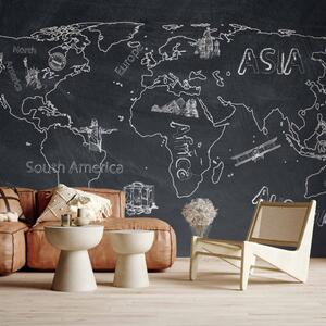 Fototapeta Mapa světa - náčrt kontinentů na černém pozadí s podpisy a grafikou