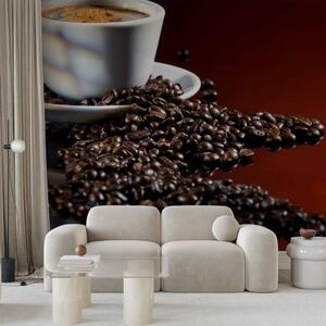 Fototapeta Káva - střízlivý motiv černé kávy v bílém hrnku na tmavém pozadí