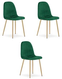 Set tří jídelních židlí PADVA sametové zelené / hnědé nohy (3 ks)
