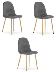Set tří jídelních židlí PADVA sametové tmavě šedé / hnědé nohy (3 ks)