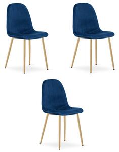 Set tří jídelních židlí PADVA sametové modré / hnědé nohy (3 ks)