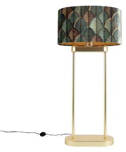 Mosazná stojací lampa s oválným stínidlem s motivem listů a zlatým interiérem 35 cm - Thijmen