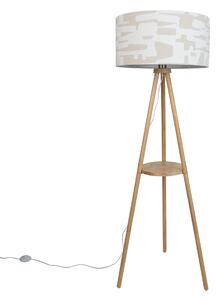 Dřevěná trojnožka stojací lampa s bílým a béžovým pruhovaným stínidlem 50cm - Lou