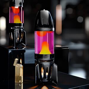 Mathmos Fireflow R1 Black, originální lávová lampa černá s růžovou tekutinou a žlutou lávou, pro čajovou svíčku, výška 24cm