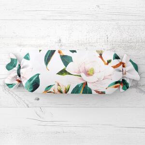 Biante Polštář válec bonbon Sandra SA-293 Magnolie se zelenými listy na bílém 15x40 cm