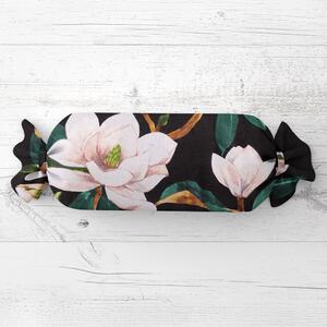 Biante Polštář válec bonbon Sandra SA-300 Květy magnolie na černém 15x40 cm