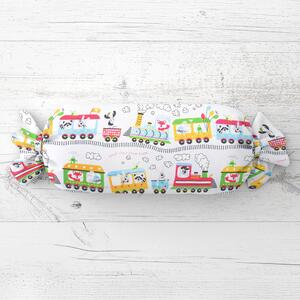 Biante Dětský polštář válec bonbon Sandra SA-328 Vláček se zvířátky na bílém 15x40 cm