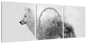 Obraz - Arktický vlk zrcadlící divokou krajinu, černobílý (s hodinami) (90x30 cm)