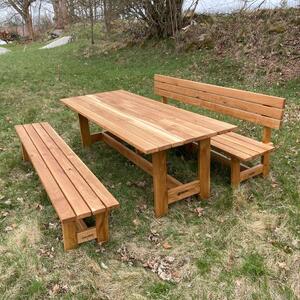 KULHÁNEK Zahradní dubová sestava - stůl, 1x lavice s opěradlem, 1x lavice bez opěradla (klasické provedení) Délka: 160 cm, Odstín nátěru: olej - ořech
