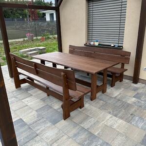 KULHÁNEK Zahradní dubová sestava - stůl, 2x lavice s opěradlem (rustikální provedení) Délka: individuální, Odstín nátěru: olej - teak
