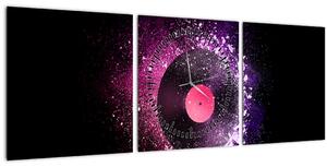 Obraz - Vinylová deska v růžovo-fialových (s hodinami) (90x30 cm)