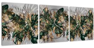 Obraz - Zlato-zelené tropické listy (s hodinami) (90x30 cm)