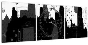 Obraz - Město s nápisy a vzory (s hodinami) (90x30 cm)
