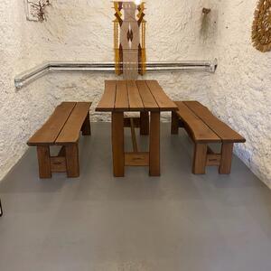 KULHÁNEK Zahradní dubová sestava - stůl, 2x lavice bez opěradla (rustikální provedení) Délka: 150 cm, Odstín nátěru: olej - ořech