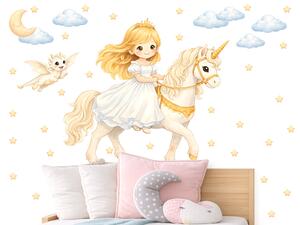 Blond princezna na jednorožci textilní přelepitelné samolepky na zeď arch 46 x 42 cm
