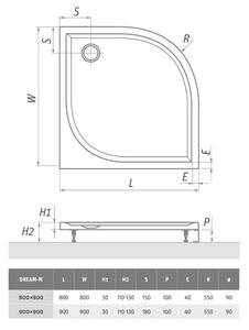 Čtvrtkruhová sprchová vanička z litého mramoru DREAM-M Varianta: rozměry: 80x80 cm, kód produktu: DREAM-M 800 - 8000151