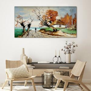 Obraz na skle Obraz na skle Abstrakce krajiny Chata strom