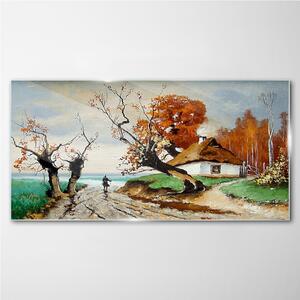 Obraz na skle Obraz na skle Abstrakce krajiny Chata strom