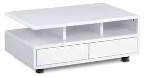 Konferenční stolek 100x60x41, MDF bílý vysoký lesk, 5 univerzální kolečka, 2 šuplíky