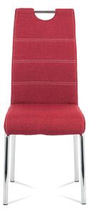 Jídelní židle, potah vínově červená látka, bílé prošití, kovová čtyřnohá chromovaná podnož HC-485 RED2