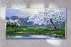Obraz na skle Obraz na skle Lake stromy květiny