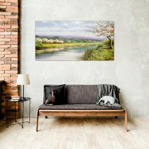 Obraz na skle Obraz na skle Strom řeka květiny krajina