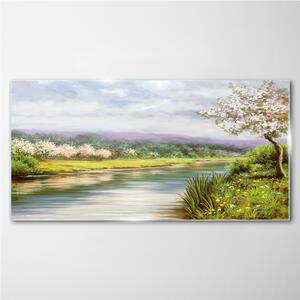 Obraz na skle Obraz na skle Strom řeka květiny krajina