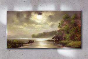 Obraz na skle Obraz na skle Jezero stromy Chata Rybak