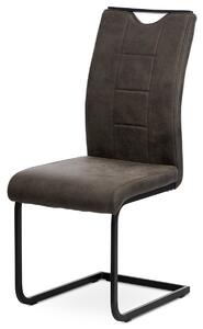 Jídelní židle, šedá látka v dekoru vintage kůže, bílé prošití, kov - černý lak