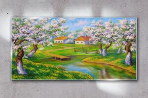 Obraz na skle Obraz na skle Krajiny stromy květiny voda