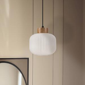 Lamkur Závěsné svítidlo Harmony, Ø 20 cm, opálové sklo, dubové dřevo, E27, stmívatelný, Bílá / opál, Obývací pokoj / jídelna, Sklo, Skandinávský